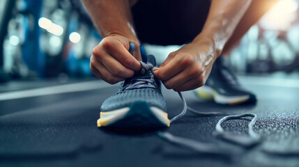 Wall Mural - Closeup of a man tying his gray and white sport shoes or sneakers, wearing shorts and tshirt in the modern gym interior indoors. Footwear lace tying,exercise and workout healthy lifestyle for training