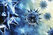 
Coronavirus or influenza virus epidemic concept. Coronavirus COVID-19 under a microscope. 3d illustration, banner, print. Viral background with affected cells. Pandemic health risk, vaccination.