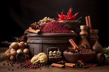 Variety Herbs and spices on the kitchen table, ai generated