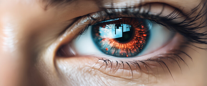 Digital Innovation Engineer: Close-up of a Woman's Eye, Representing Future Technology and Information Control - Close Up Woman Eye with the Data