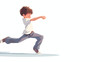 Boy with a kicking pose on a white background.