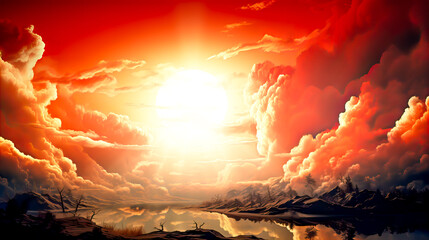 Wall Mural - Fantasy landscape with red sky and sun. Fantasy landscape with red sky and sun. Generative AI technology.