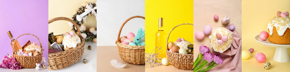 Wall Mural - Basket with Easter eggs, cake, bottle of wine and tulip flowers on lilac background