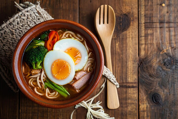 Savory ramen soup. Pork, egg, and vegetables on wooden background. Top view of delicious Asian cuisine. 