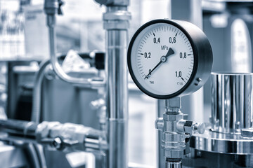 Aufkleber - Industrial  concept. equipment of the boiler-house, - valves, tubes, pressure gauges, thermometer. Close up of manometer, pipe, flow meter, water pumps and valves of heating system in a boiler room.