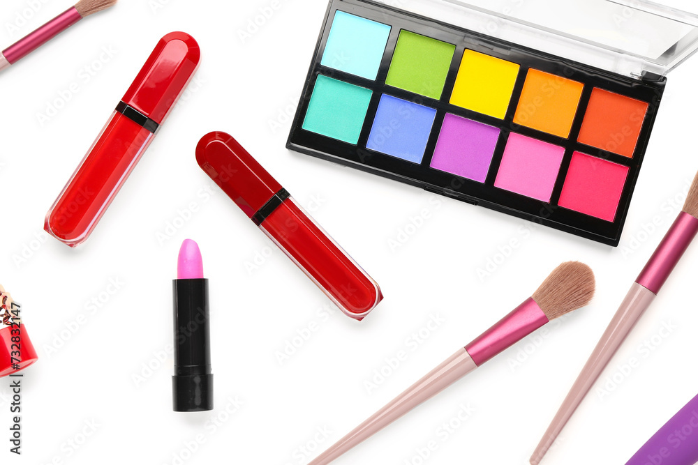 Set of different decorative cosmetics on white background