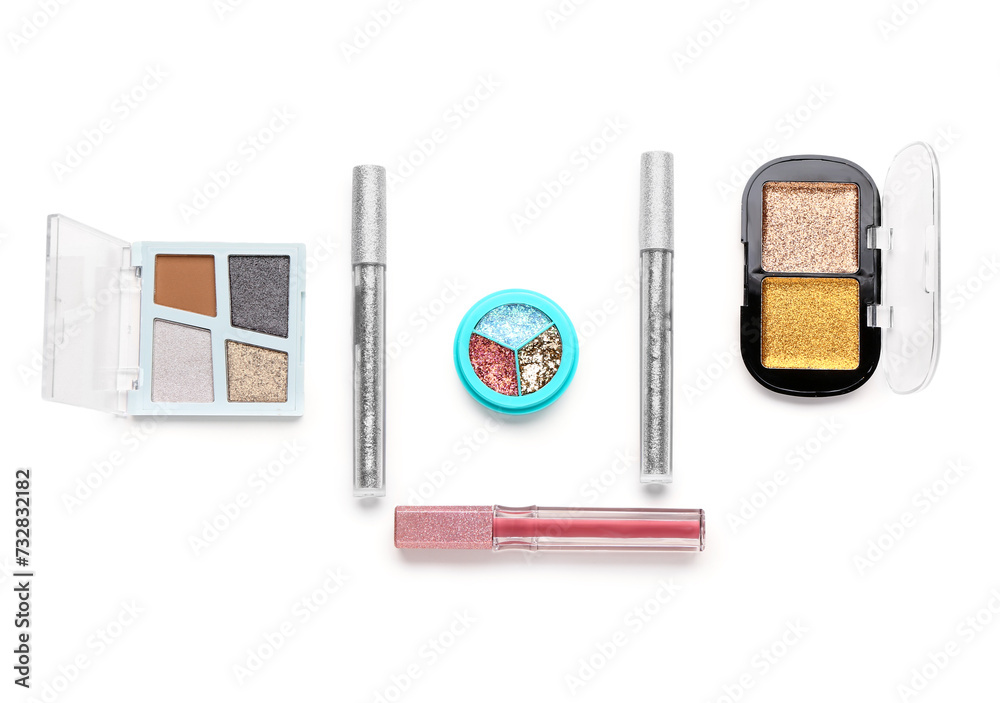 Set of different decorative cosmetics on white background