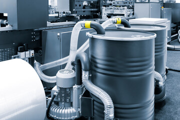 Poster - Industrial concept background, industrial production, metal barrels at an industrial plant, chemical industry