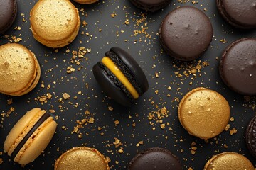 Chocolate macaroon desserts on a black kitchen table sprinkled with colorful decor arranged in pattern.macaroons, photo of restaurant food, culinary presentation, haute cuisine, top view