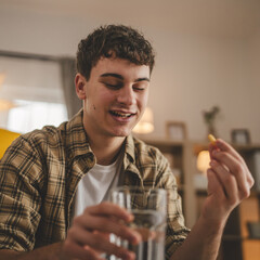 one man take vitamin supplements or medicine drugs at home with water