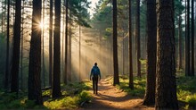 Hiker Guy Walking On Pine Forest Path On On Trail Woods Background At Morning With Sunlight Rays From Generative AI