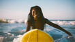 Happy candid african american girl surfing in Australia. Black girl learning to surf waves. AI generated