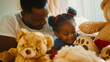 Candid african american father and daughter cuddling & playing with teddy bears on Father's Day. Close up black dad and daughter spending time together. Daddy's little girl. AI generated