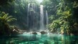 Mystical rainforest waterfall hidden in the jungle, cascading into a crystal-clear pool surrounded by exotic flora 