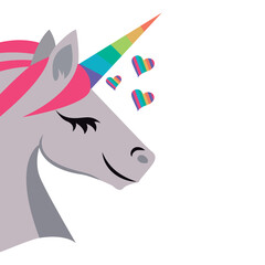 Face of a sideways unicorn with pink mane, lilac fur, closed eyes and colorful horn and in front of it three colorful hearts.