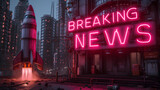 Fototapeta Las - “BREAKING NEWS” Neon sign - Rocket ship Graphic - 3-d banner - attention grabbing visual 