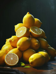 Wall Mural - Fresh, Ripe Organic Yellow Citrus Fruits on Wooden Table: A Juicy Slice of Nature's Sour Sweetness.