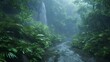 Rainforest path during a rain shower, vibrant greenery, the sound of raindrops on leaves, a distant waterfall murmuring