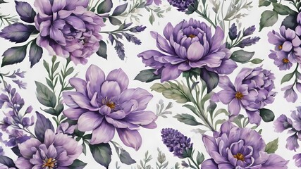 Wall Mural - Watercolour purple flowers pattern, purple green leaves, white background