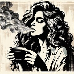 Wall Mural - Womam drinking a cup of coffee 