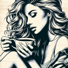 Wall Mural - Womam drinking a cup of coffee 