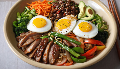 Wall Mural - Delicious and healthy Korean Buddha bowl featuring an assortment of fresh vegetables, tender meat, and flavorful sauce