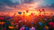 Sunset over a wildflower field, the sky painted in vivid hues of orange and pink, casting a warm glow over the flowers 