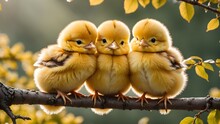 Three Little Chicks Are Standing In A Row The Branch
