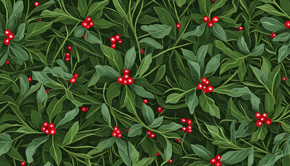 Festive Christmas Design with Traditional Evergreen Sprigs and Mistletoe Ornaments