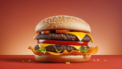 Wall Mural - A mouth-watering cheeseburger on a sesame seed bun with lettuce and tomato, isolated on a white background 