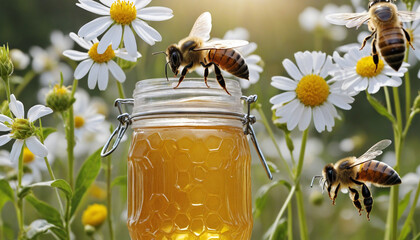 Bees hovering around a jar of honey in a beautiful flower field, creatively generated.