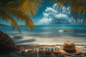 Straw hat and flip flops laying on sand on tropical beach.