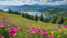 Illustration Of Bright Colorful Different Flowers On A Background Of Mountains