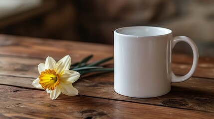 Canvas Print - A white coffee mug mock up. The mug is on a wooden table with a daffodil. 