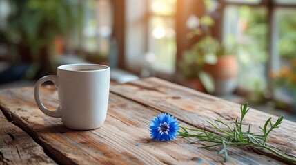 Wall Mural - A white coffee mug mock up on a wooden table with a blue cornflower. 