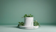 White And Green Marble Cylinder Podium On A Green Background For Product Display And Presentation, Monochrome And Minimalistic Look