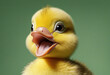 Vibrant yellow duckling with an open mouth and surprised look on a vivid green background
