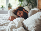 Fototapeta  - Picture an attractive man in bed promoting healthy sleep.
Follow a routine, relax before bed with calming activities like meditation.