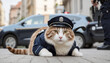 Cat dressed as officer in the city street