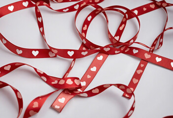 Macro shot of red ribbon with heart-shaped embellishments