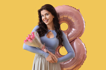 Sticker - Beautiful woman with tulips and balloon in shape of figure 8 on yellow background. International Women's Day