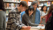 © Nelson - Group of People Standing Around Table in Library