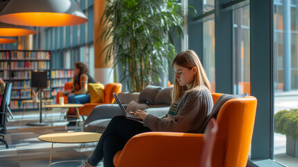 Woman Using Laptop Computer in Library