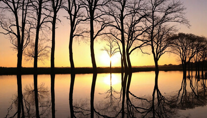 Wall Mural - Shadowy Trees at Dusk with Calm Waters - Evening Illustration of Serene Landscape, Trees Casting Shadows in Twilight, Stunning Sunset Reflections on Water