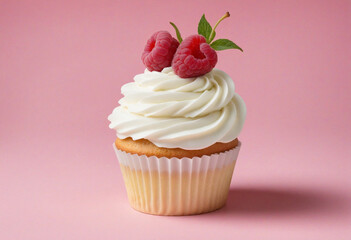 Wall Mural - Raspberry-topped vanilla cupcake on pink background