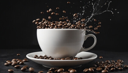 Wall Mural - Coffee beans spilling from a cup with steam on a dark backdrop