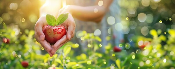 Wall Mural - Hands jolding heart shaped apple