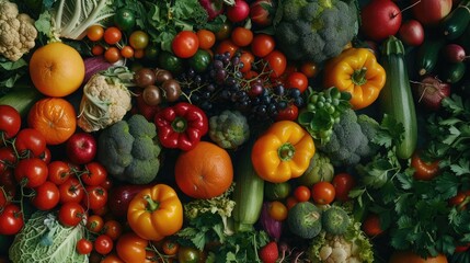 Wall Mural - Panoramic wide organic food background concept with full frame pile of fresh vegetables and fruits mix forming bright colorful image