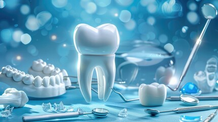 Wall Mural - White healthy tooth, different tools for dental care. Dental background