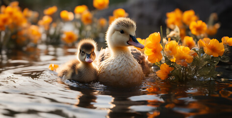 Wall Mural - their fluffy bodies bobbing gently on the surface of a tranquil pond Serene Ducklings Swimming